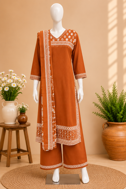 Rust Orange Cotton Dupatta Set