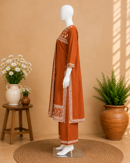 Rust Orange Cotton Dupatta Set
