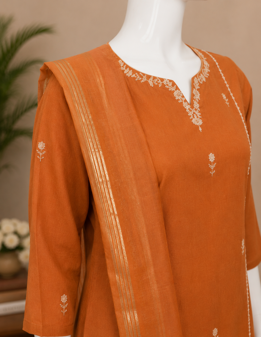 Mul Cotton Rust Orange Embroidered Kurta Set with Dupatta