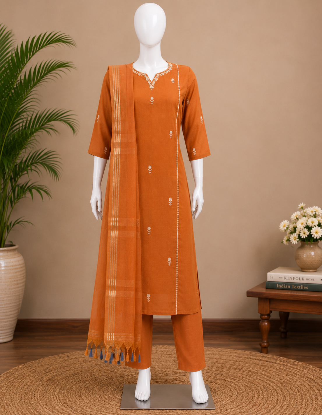 Mul Cotton Rust Orange Embroidered Kurta Set with Dupatta