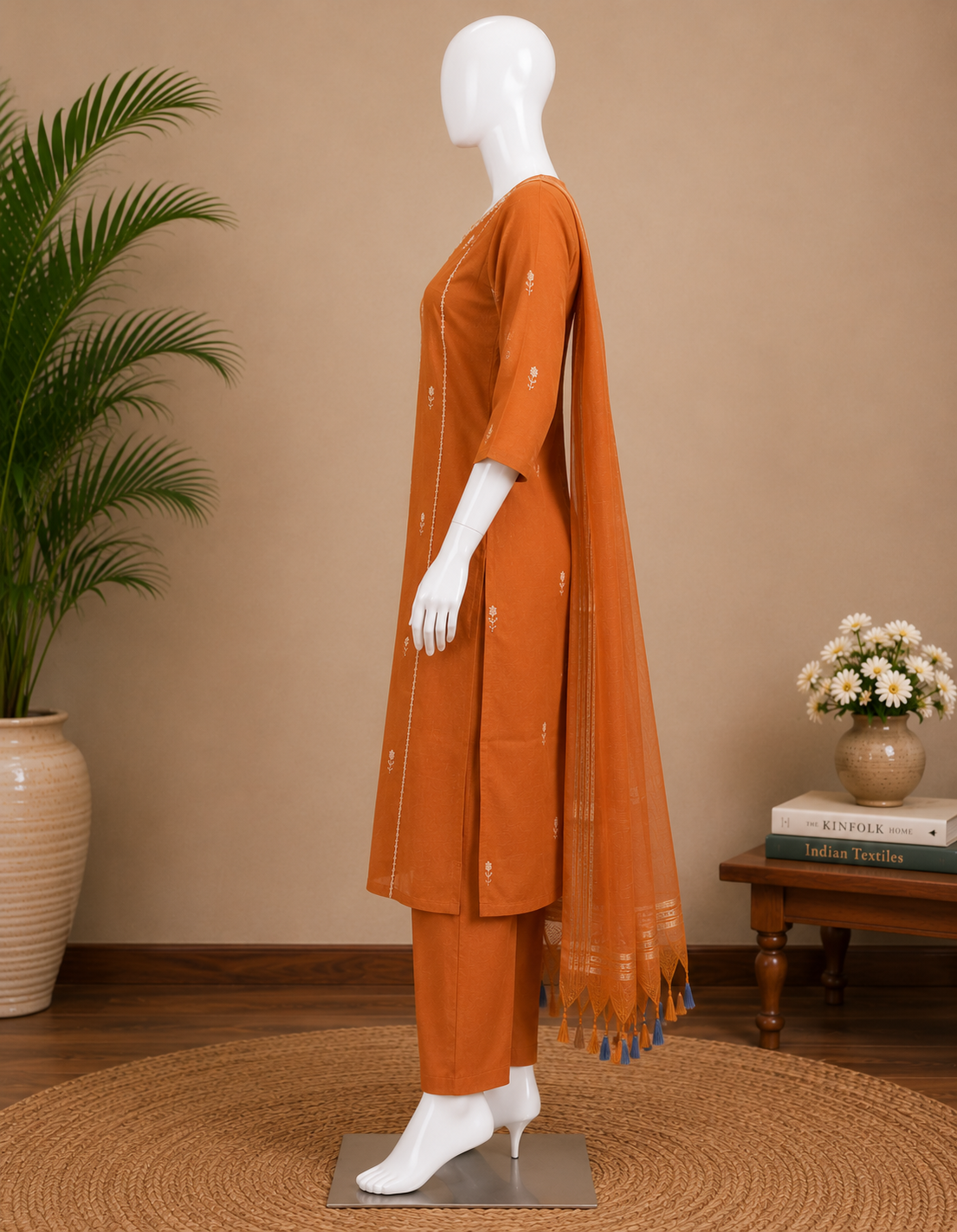 Mul Cotton Rust Orange Embroidered Kurta Set with Dupatta