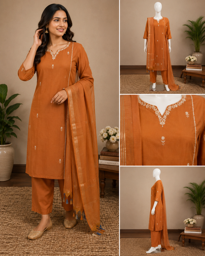 Mul Cotton Rust Orange Embroidered Kurta Set with Dupatta