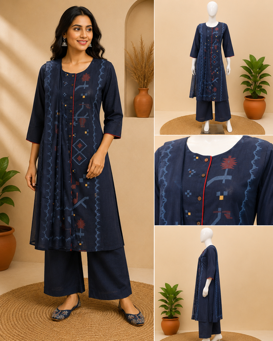 Cotton Navy Blue Dupatta Set