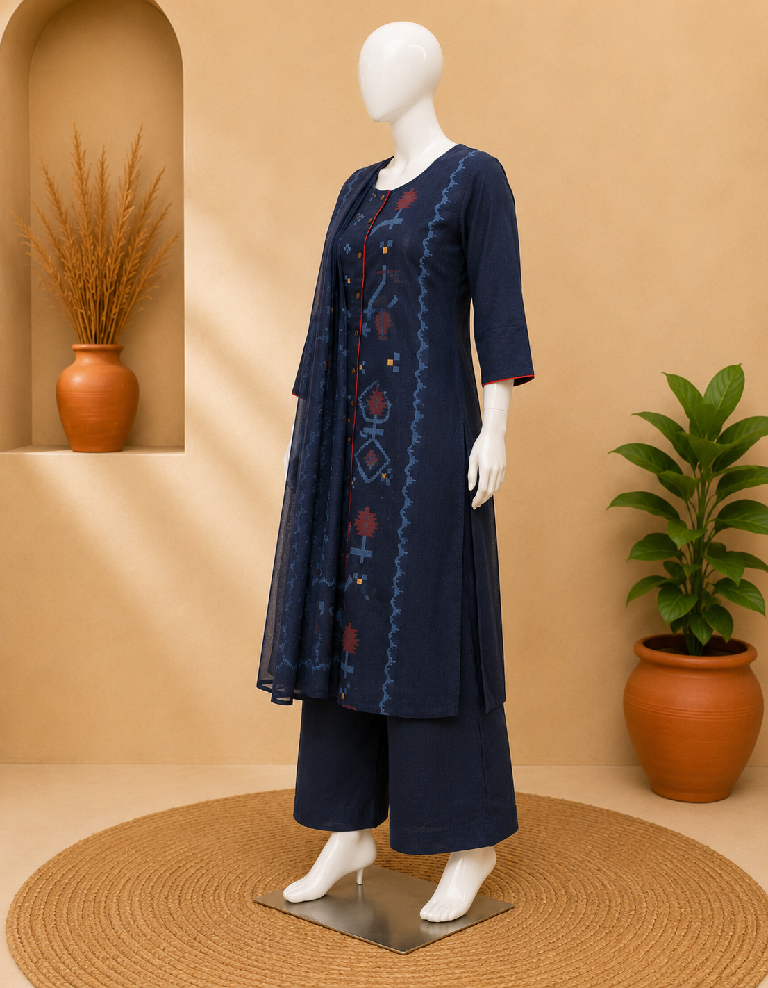 Cotton Navy Blue Dupatta Set