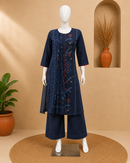 Cotton Navy Blue Dupatta Set