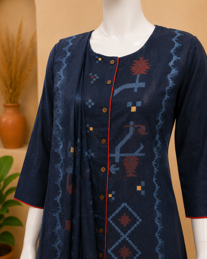 Cotton Navy Blue Dupatta Set