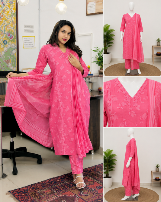 Pink Cotton Floral Printed Dupatta Set