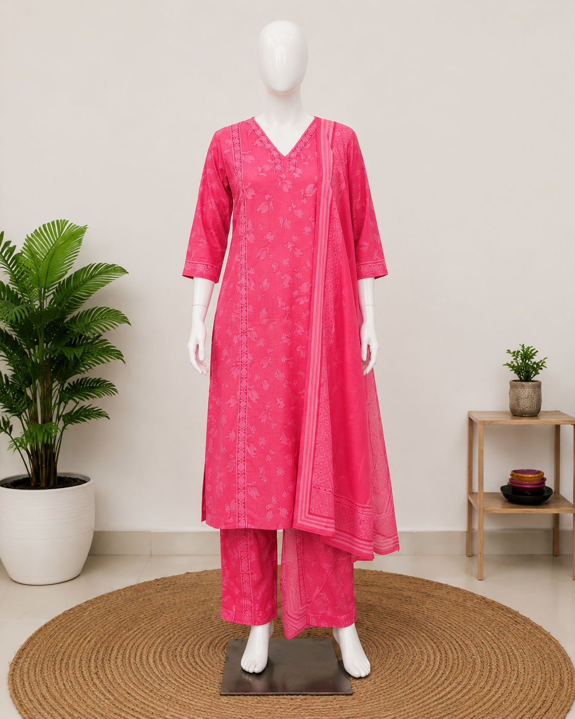 Pink Cotton Floral Printed Dupatta Set