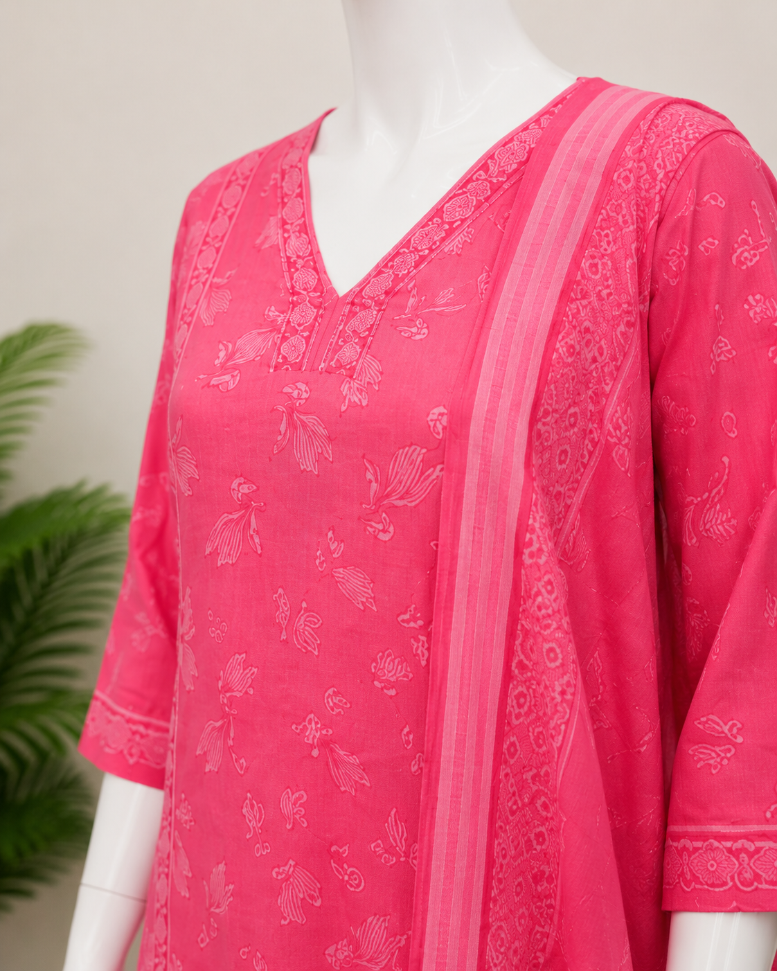 Pink Cotton Floral Printed Dupatta Set