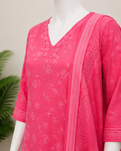 Pink Cotton Floral Printed Dupatta Set
