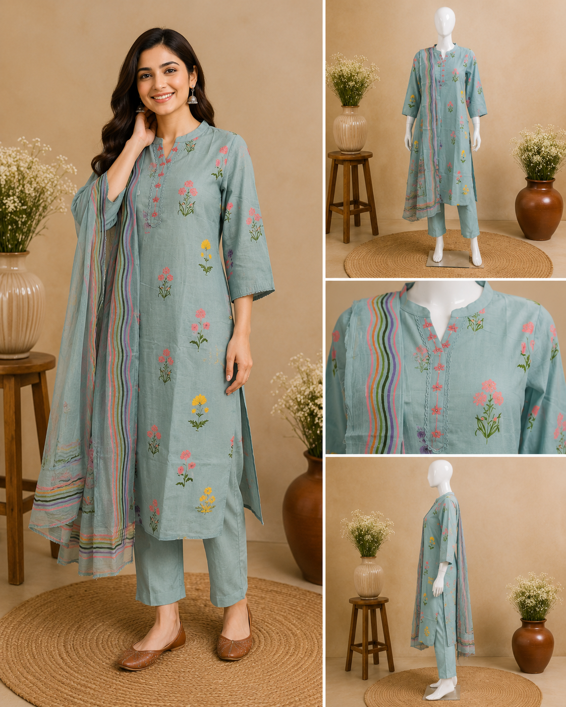 Sky Blue Floral Cotton  with Dupatta set