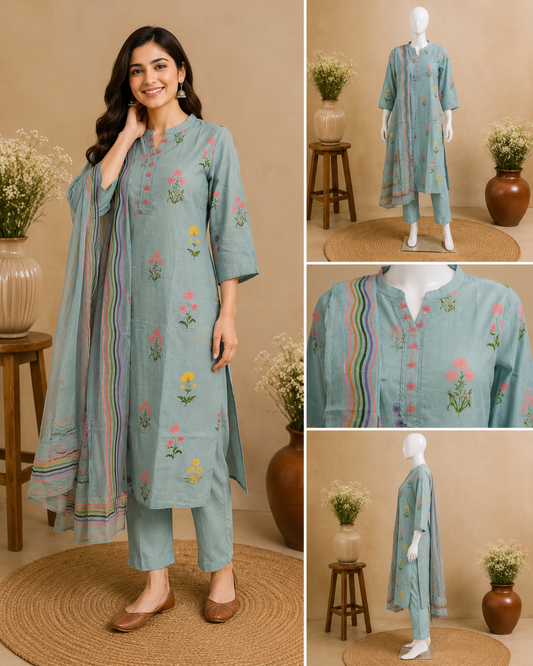 Sky Blue Floral Cotton  with Dupatta set