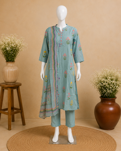 Sky Blue Floral Cotton  with Dupatta set