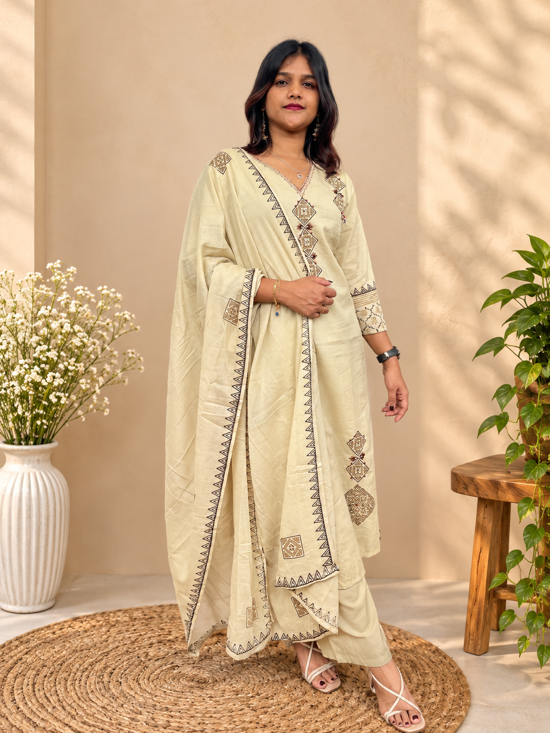 Cream embroidered cotton salwar suit set with dupatta by Udojas Sutra