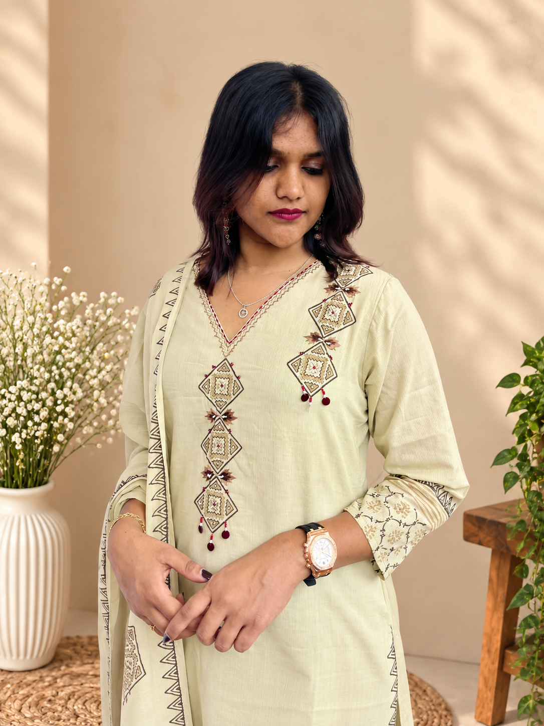 Cream embroidered cotton salwar suit set with dupatta by Udojas Sutra