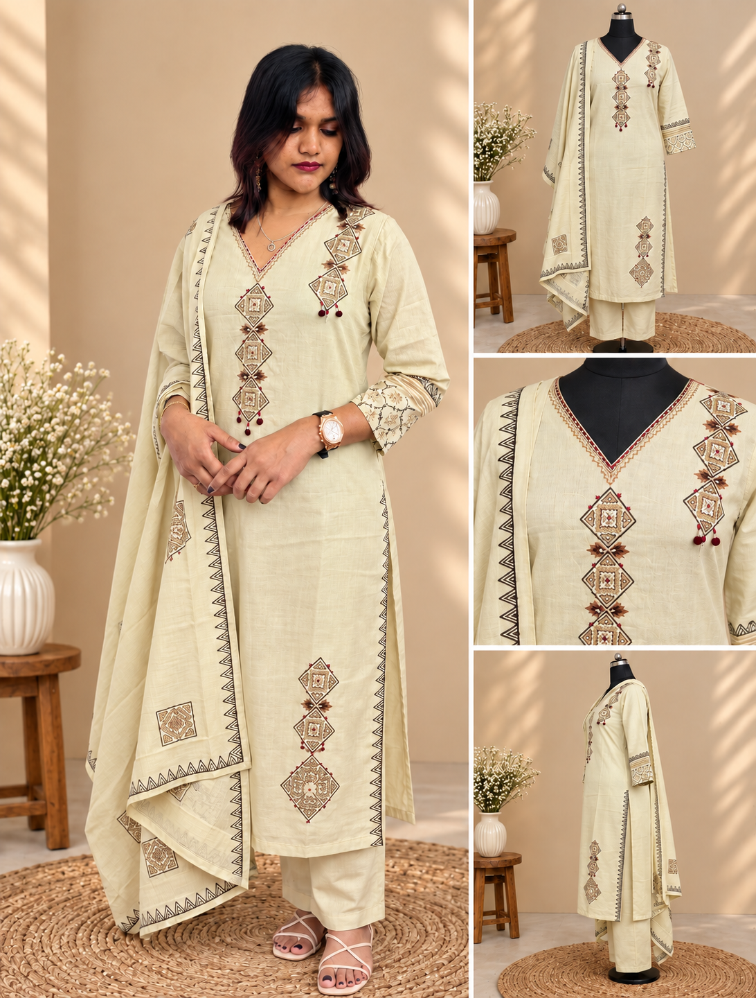 Cream embroidered cotton salwar suit set with dupatta by Udojas Sutra