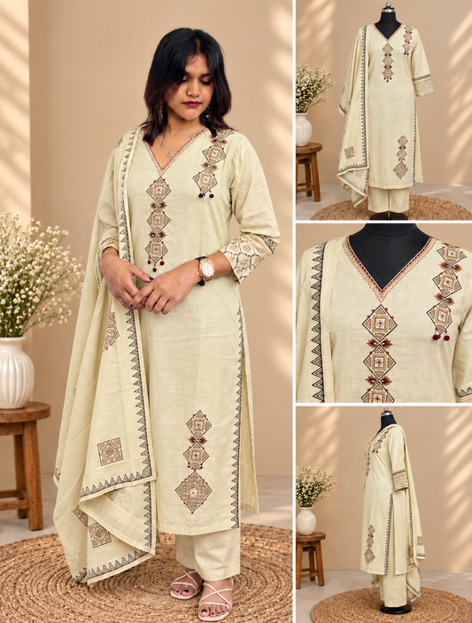 Cream embroidered cotton salwar suit set with dupatta by Udojas Sutra