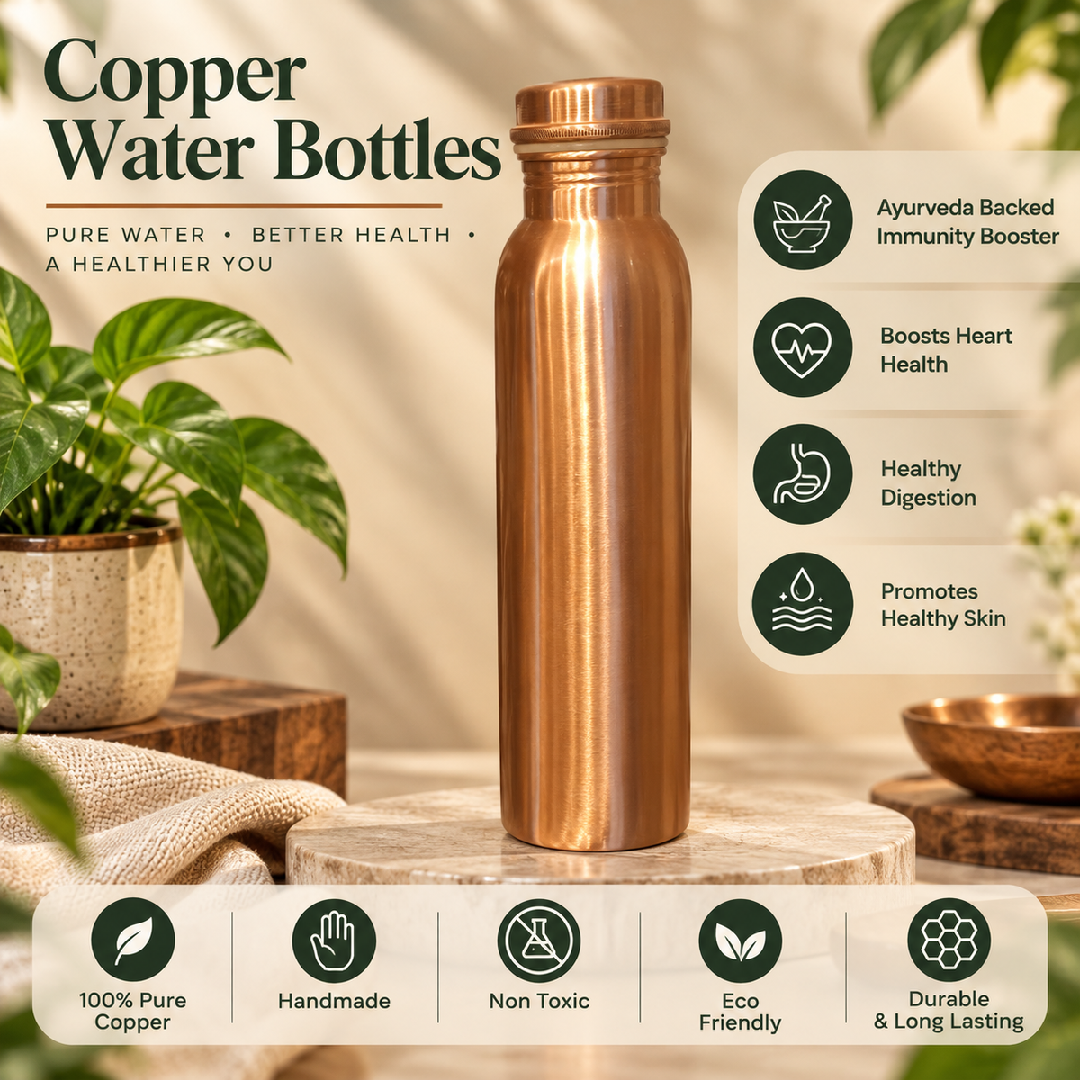 Pure Copper Water Bottle  Leakproof Copper Bottle for Daily Use