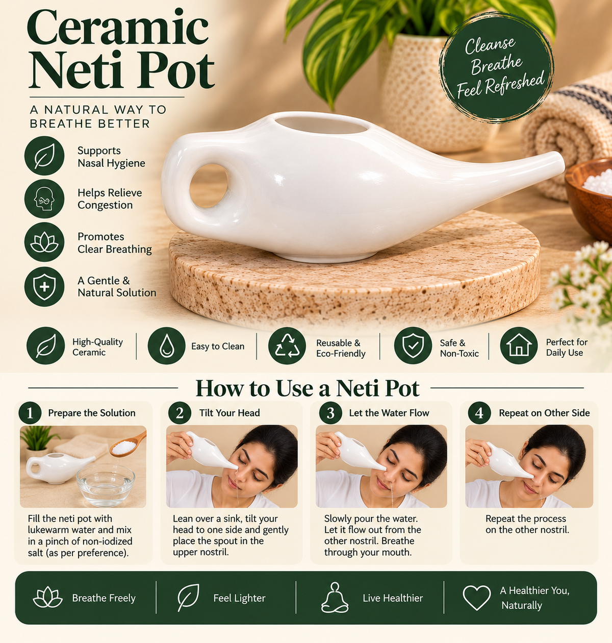 Ceramic White Neti Pot | Jal Neti Pot for Nasal Cleansing & Jala Kriya