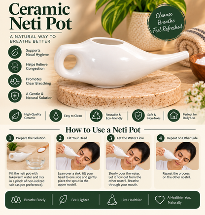 Ceramic White Neti Pot | Jal Neti Pot for Nasal Cleansing & Jala Kriya