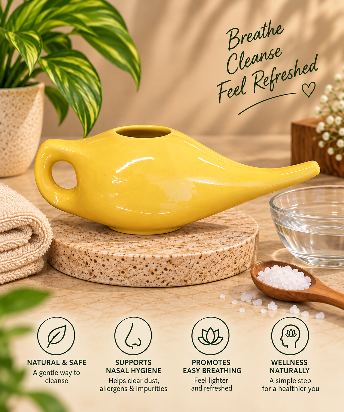 Ceramic Yellow Neti Pot | Jal Neti Pot for Nasal Cleansing & Jala Kriya