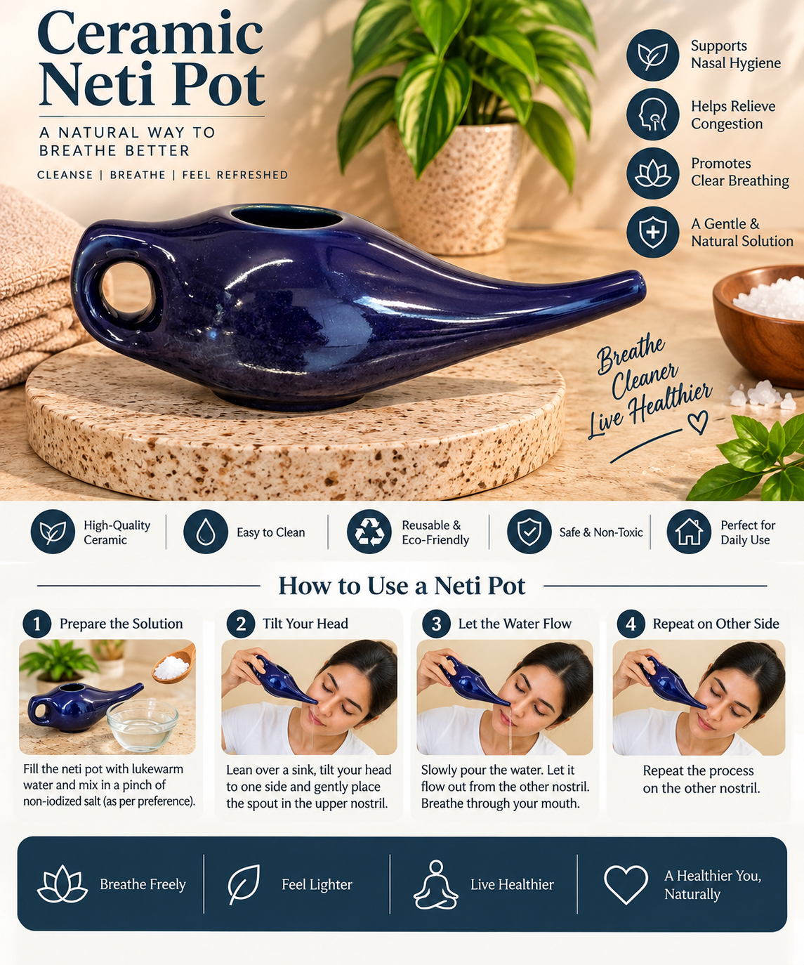 Ceramic Blue Neti Pot | Jal Neti Pot for Nasal Cleansing & Jala Kriya (Copy)