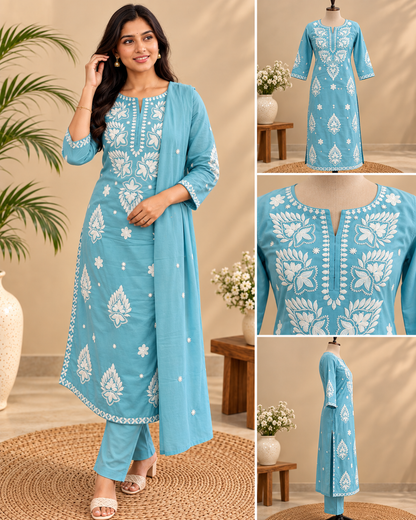 Sky blue Mul Cotton Chikankari embroidered kurta pant set with matching dupatta