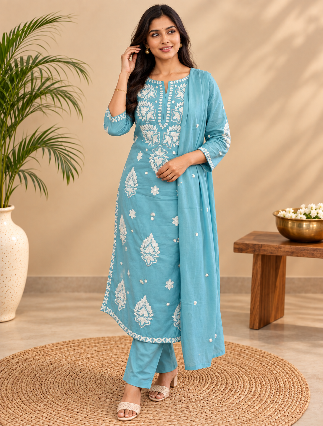 Sky blue Mul Cotton Chikankari embroidered kurta pant set with matching dupatta