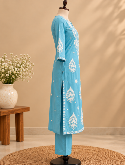 Sky blue Mul Cotton Chikankari embroidered kurta pant set with matching dupatta