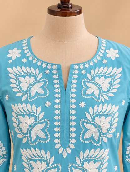 Sky blue Mul Cotton Chikankari embroidered kurta pant set with matching dupatta