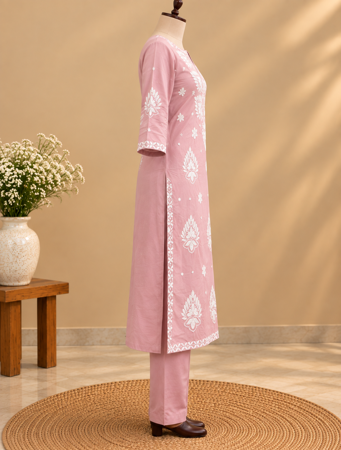 Pink Mul Cotton Chikankari kurta pant set with white floral embroidery and matching dupatta