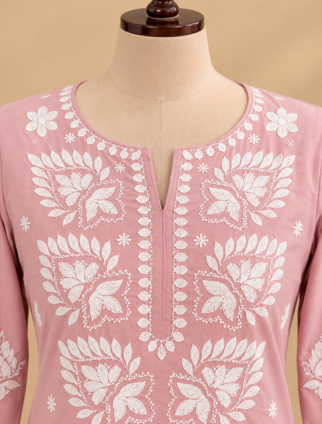 Pink Mul Cotton Chikankari kurta pant set with white floral embroidery and matching dupatta