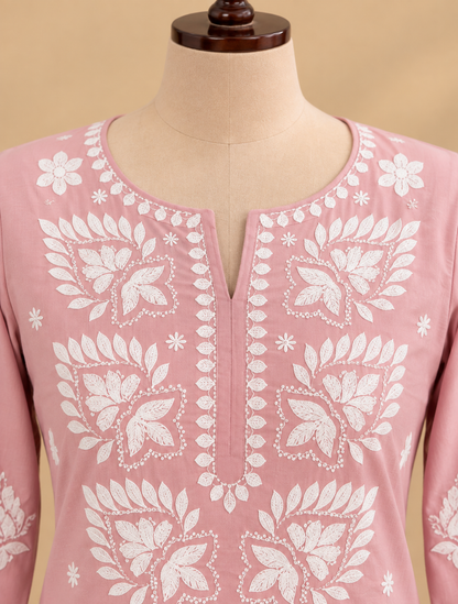 Pink Mul Cotton Chikankari kurta pant set with white floral embroidery and matching dupatta