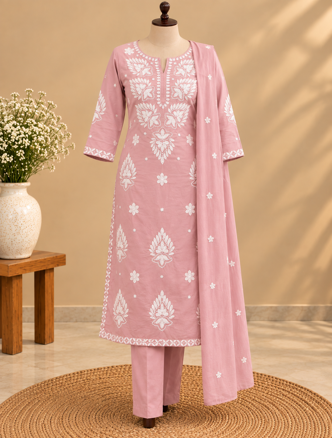 Pink Mul Cotton Chikankari kurta pant set with white floral embroidery and matching dupatta