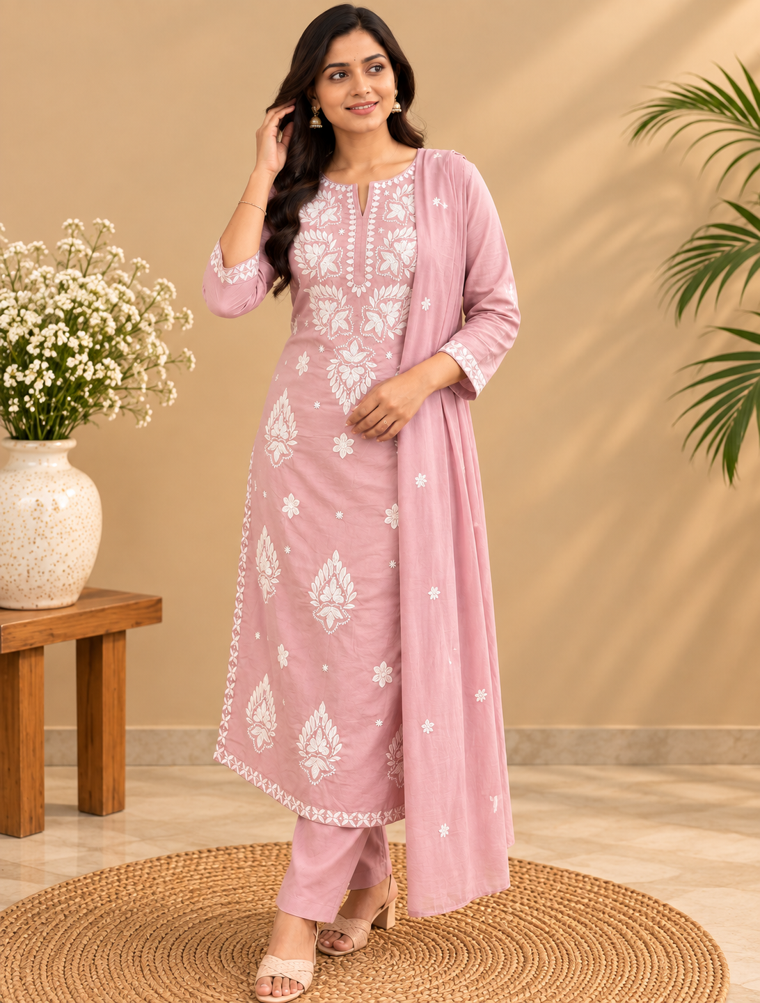 Pink Mul Cotton Chikankari kurta pant set with white floral embroidery and matching dupatta