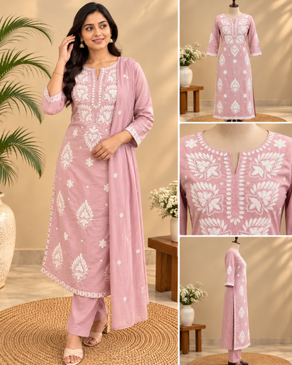 Pink Mul Cotton Chikankari kurta pant set with white floral embroidery and matching dupatta