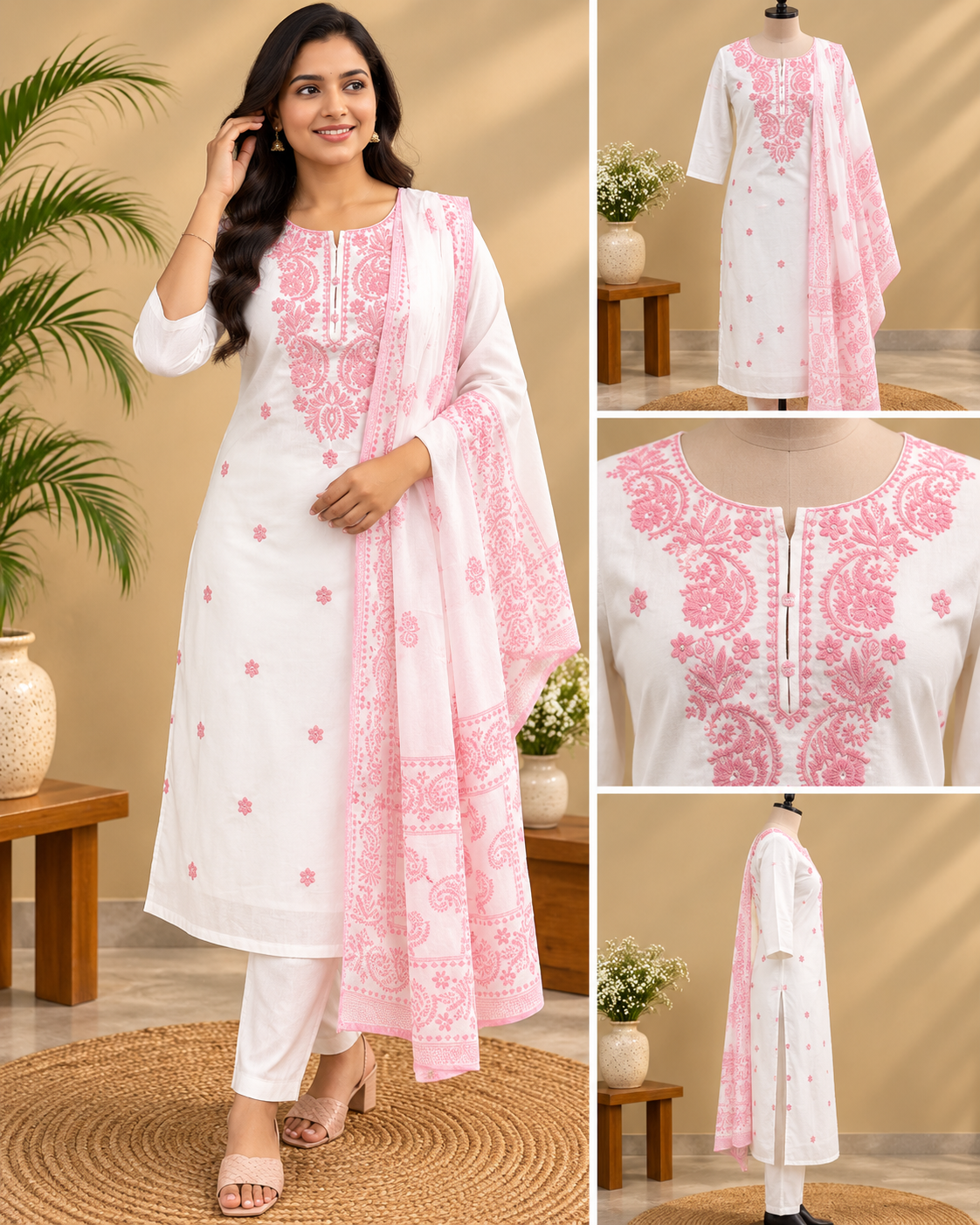 White Mul Cotton Chikankari kurta pant set with pink floral embroidery and matching printed dupatta