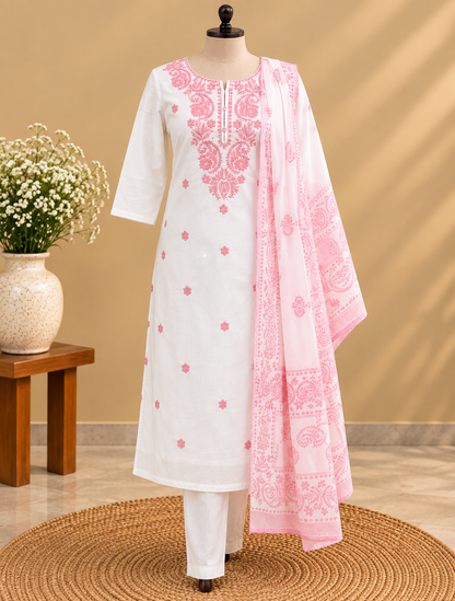 White Mul Cotton Chikankari kurta pant set with pink floral embroidery and matching printed dupatta