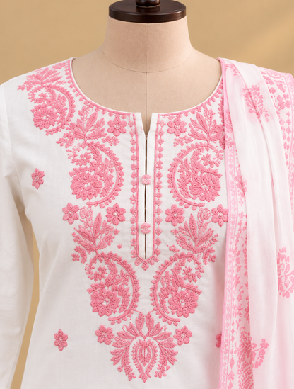 White Mul Cotton Chikankari kurta pant set with pink floral embroidery and matching printed dupatta