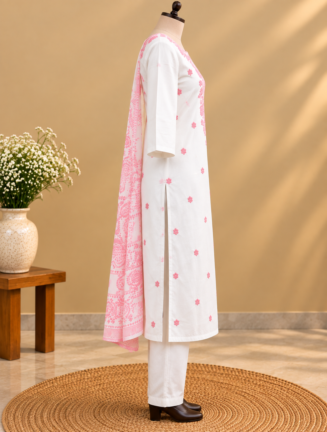 White Mul Cotton Chikankari kurta pant set with pink floral embroidery and matching printed dupatta