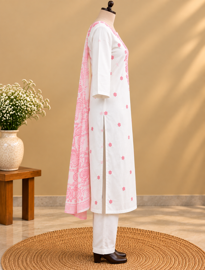 White Mul Cotton Chikankari kurta pant set with pink floral embroidery and matching printed dupatta