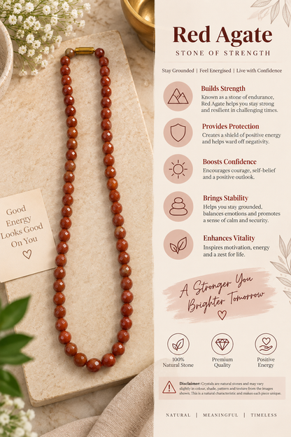 10-inch natural Red Agate crystal bead necklace with polished diamond-cut beads