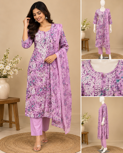 Lavender floral printed Mul Chikankari cotton kurta pant set with embroidered neckline and 3/4 sleeves
