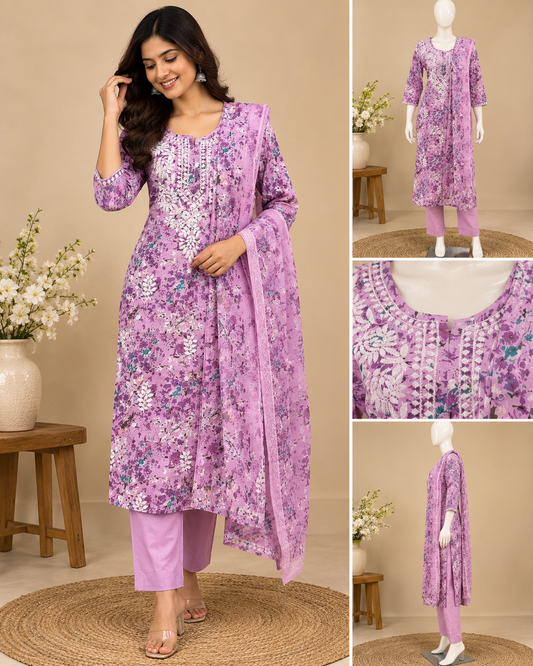 Lavender floral printed Mul Chikankari cotton kurta pant set with embroidered neckline and 3/4 sleeves