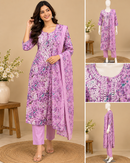 Lavender floral printed Mul Chikankari cotton kurta pant set with embroidered neckline and 3/4 sleeves