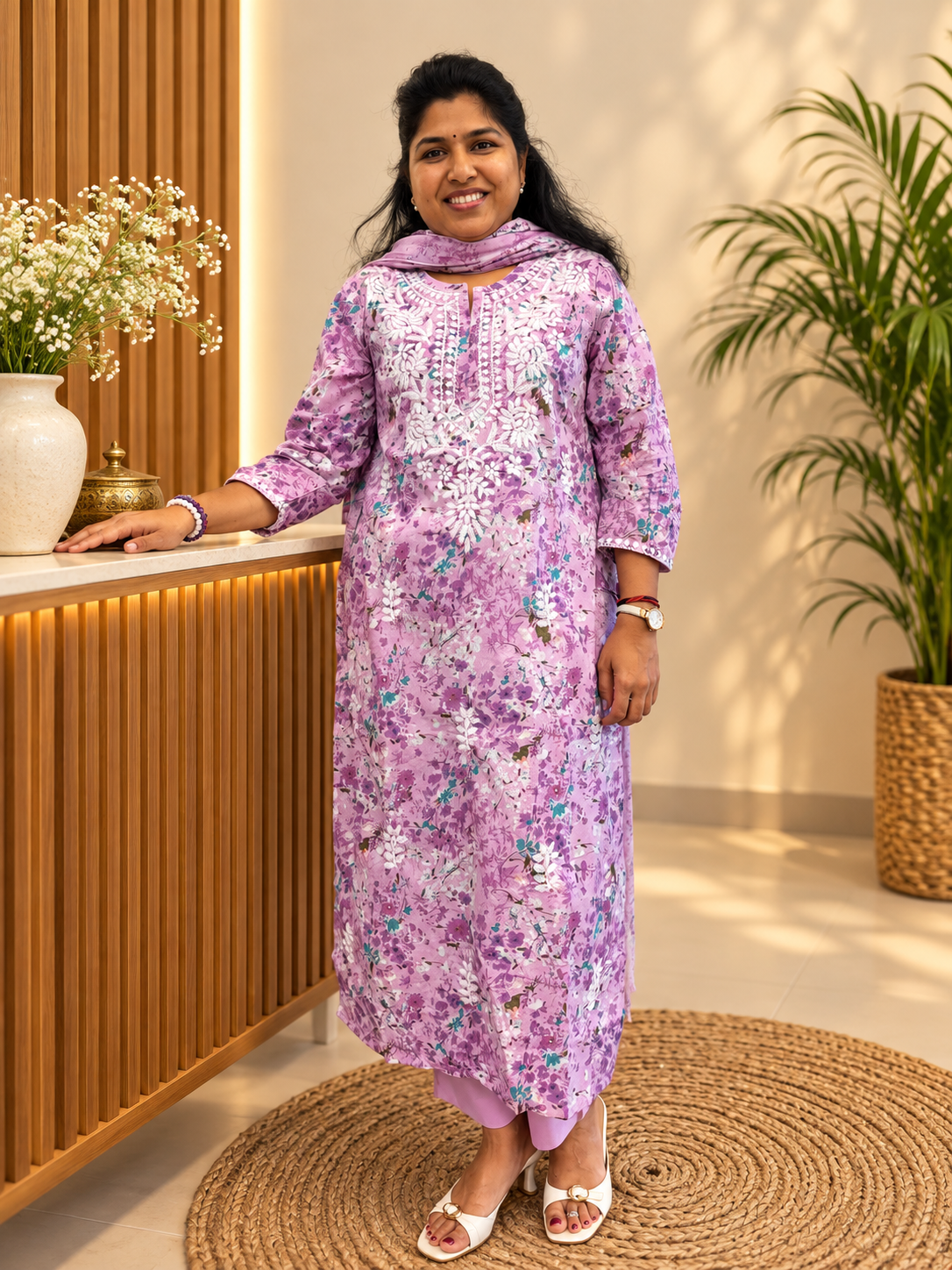 Lavender floral printed Mul Chikankari cotton kurta pant set with embroidered neckline and 3/4 sleeves