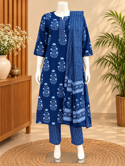 Navy blue floral printed kurta pant set with detailed neckline and matching dupatta