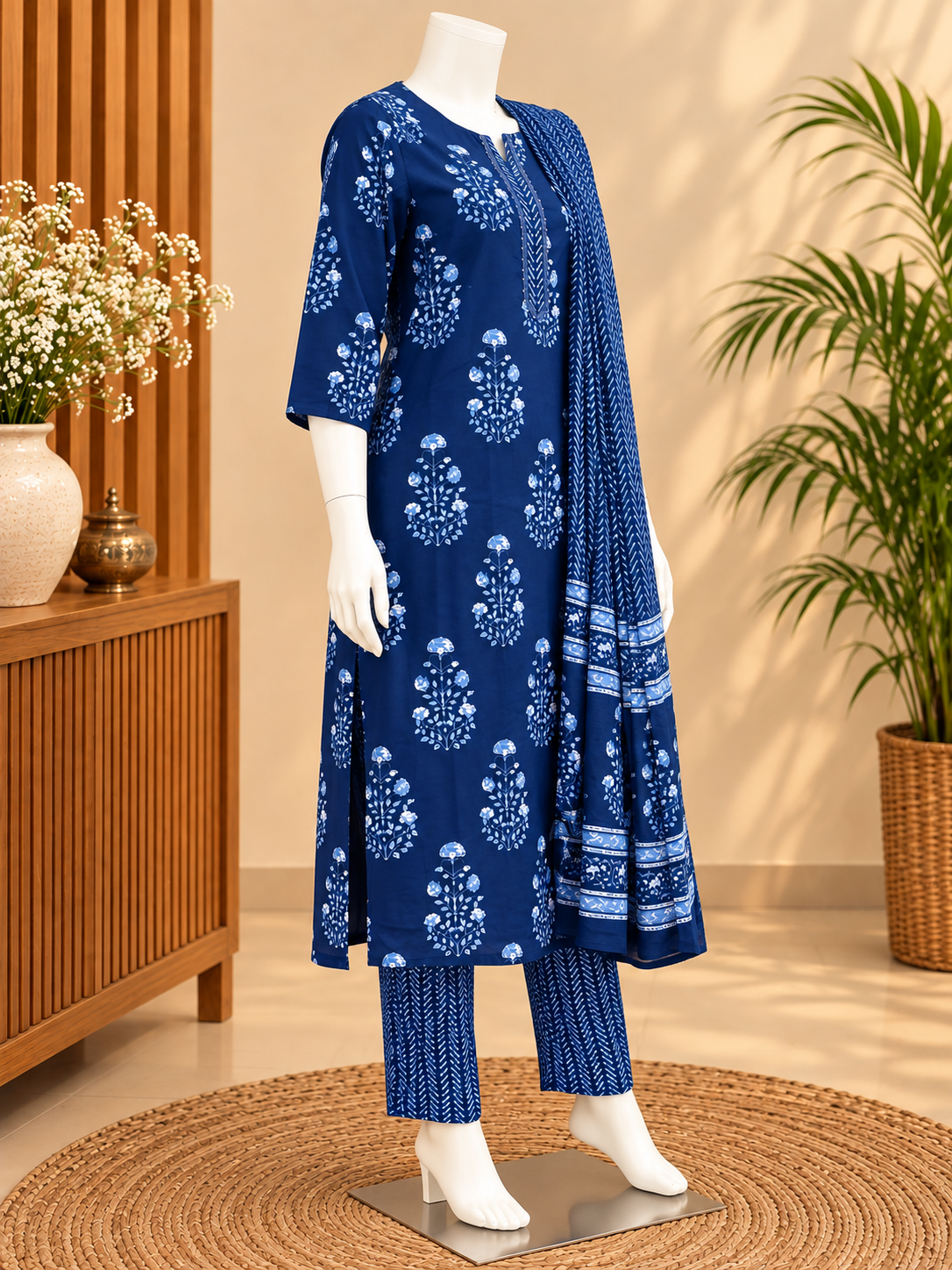 Navy blue floral printed kurta pant set with detailed neckline and matching dupatta