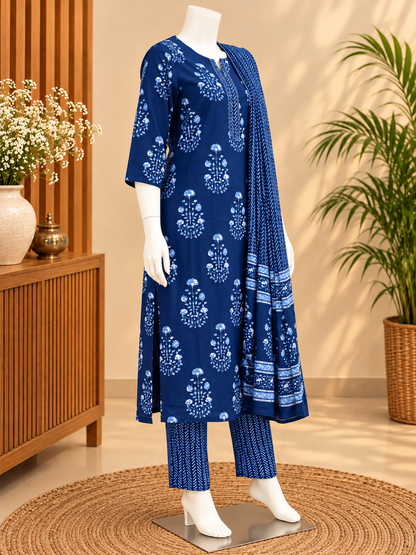 Navy blue floral printed kurta pant set with detailed neckline and matching dupatta