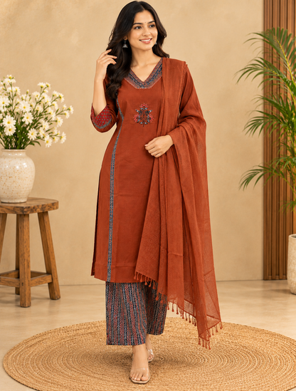 Rust Brown Printed Dupatta  Set with Embroidered Neckline .